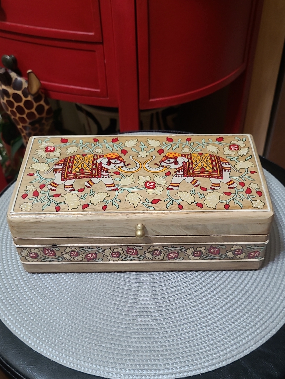 Hand-Painted Wooden Box with Elephant Motif